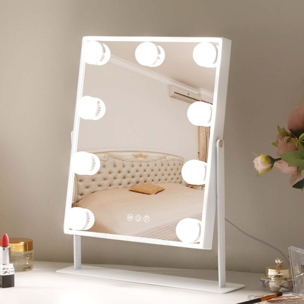 FENCHILIN Makeup-spejl med lys 9 LED-pærer 360° drejeligt bordspejl Teenageværelses interiørdesign Halloween-gave hvid 30.5*36CM