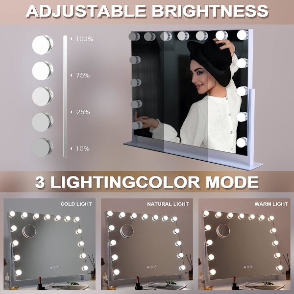FENCHILIN Hollywood sminkspegel med lampor 360° vridbar bordsskiva Vit 65 x 49 cm vit 65 x 49cm
