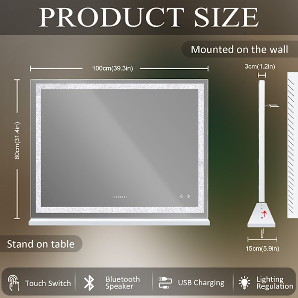 FENCHILIN 100 x 80 cm Stor Hollywood Sminkspegel med Belysning Bluetooth Kristallfinish Bordsmonterad Väggmonterad Vit Spegel vit 100*80 cm