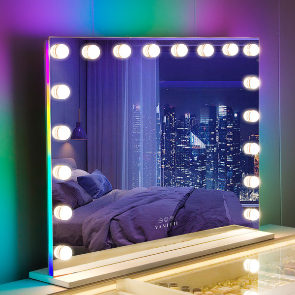 FENCHILIN Vanity Mirror with Lights RGB Backlit Strip-18 Dimmable Bulbs Tabletop Wall Mount Makeup Mirror White 80 x 58cm Mirror