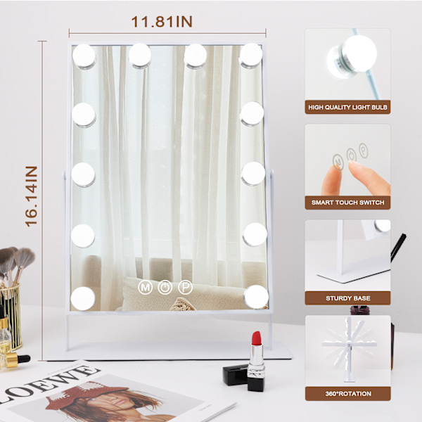 FENCHILIN Hollywood speil med lys 360° dreibar bordplate hvitt speil 30 x 41cm hvit 30 x 41cm