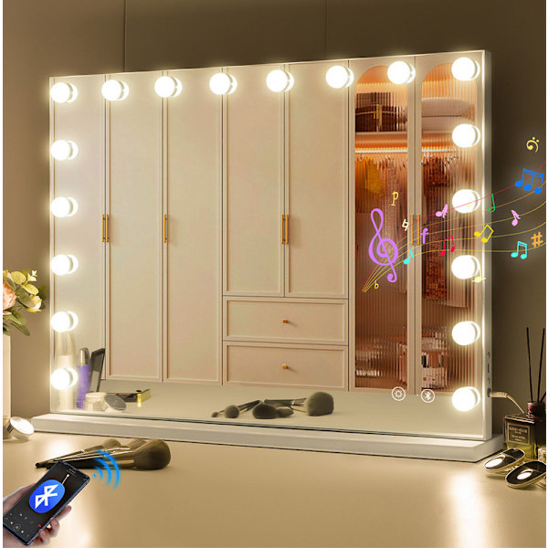 FENCHILIN Stor Hollywood spegel med lampor Bluetooth bordsskiva väggmontering vit 80 x 58 cm White 80 x 58cm