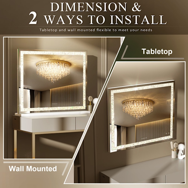 FENCHILIN 100 x 80 cm Stor Hollywood Sminkspegel med Belysning Bluetooth Kristallfinish Bordsmonterad Väggmonterad Vit Spegel vit 100*80 cm