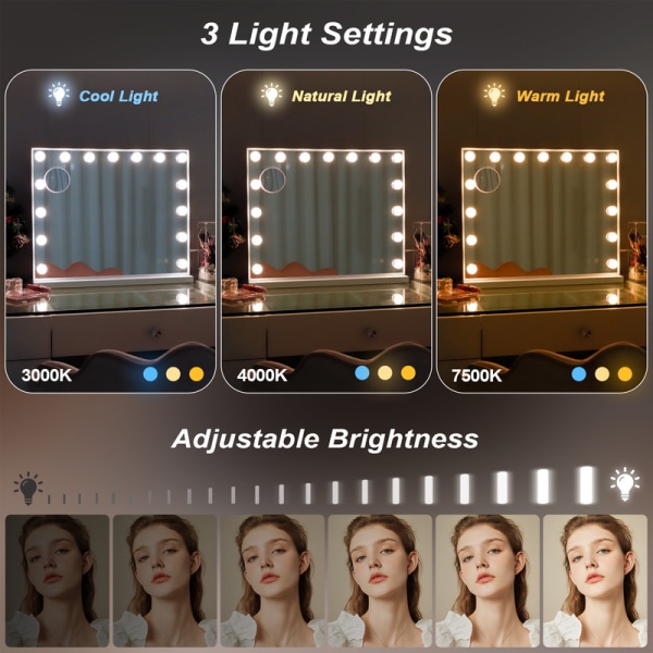 FENCHILIN Hollywood sminkspegel med lampor Bluetooth bordsskiva väggfäste Vit 58 x 46 cm White 58 x 46cm