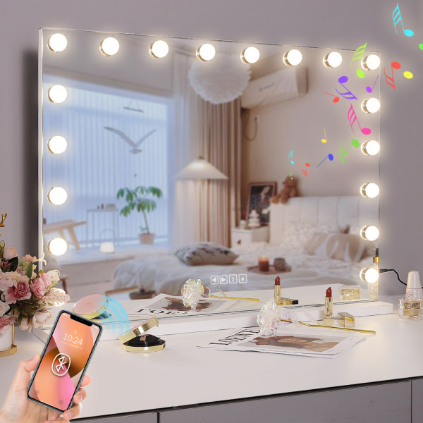 FENCHILIN Stor Hollywood spegel med lampor Bluetooth bordsskiva väggmontering vit 80 x 58 cm White 80 x 58cm