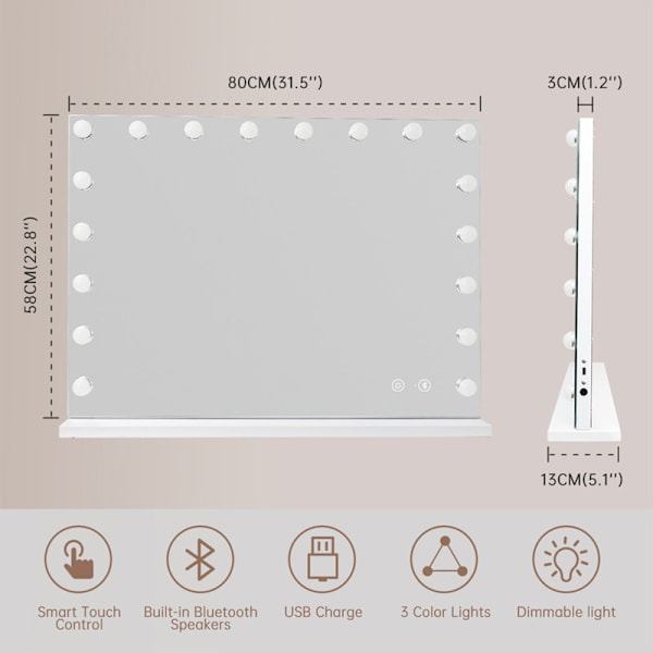 FENCHILIN Stor Hollywood speil med lys Bluetooth bordplate veggmontering hvit 80 x 58cm White 80 x 58cm