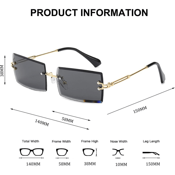 Rammeløse rektangulære solbriller til kvinder/mænd Ultralet metalstel Briller Mode Firkantede Uv400 briller Unisex Grey