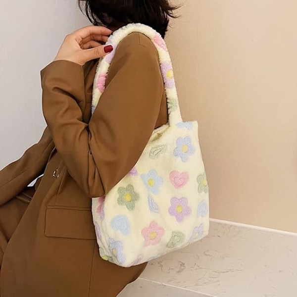 plysch fluffig tygväska stor kapacitet plysch underarmsväska handväska fluffig axelväska blomma fluffiga väskor beige