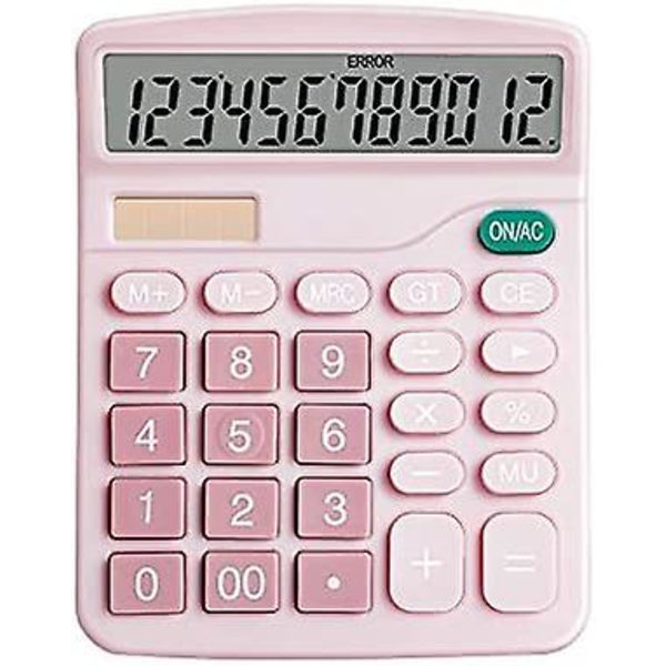 Desktop Solcelle Lommeregner - 12 Cifret Display - Regnskabsværktøj Til Kontor, Hjem, Skole - Pink