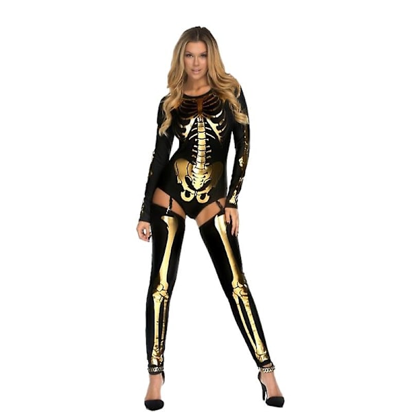 Halloween Dame Skelet Bodysuit, 3d Cosplay Skelet Kostume Jumpsuit Gold