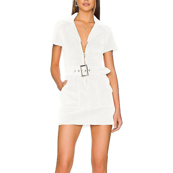 Naisten Minimekko Lyhythihainen Vyöllinen Kaulusmekko White 2XL