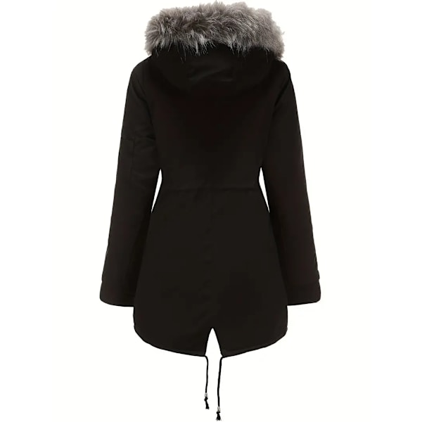 Varm hettejakke med fluffy kant, avslappet langermet vinterjakke med snøring, dameklær black 4XL