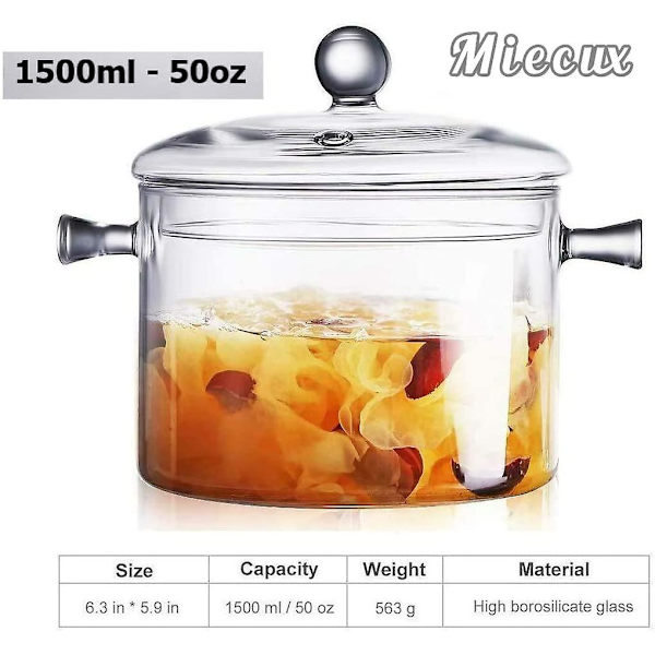 Glasgryta med lock, 1,5 l/50 oz värmebeständig glasgryta med lock, det bästa handgjorda glaskökssetet, spishällssäkert för pasta N