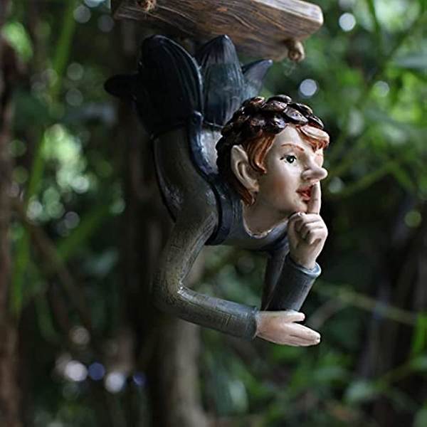 Hængende Have Elver Statue Udendørs Dekoration  Gyngende Skov Elver Dreng Figur Mini Fe Have Ornamenter Til Terrasse Hegn Gård Trægren Dekoration Mørkeblå