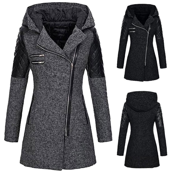 Dame Skrå Glidelås Slim Fit Hettejakker Stilig Varm Vinter Trenchcoat M Wine Red
