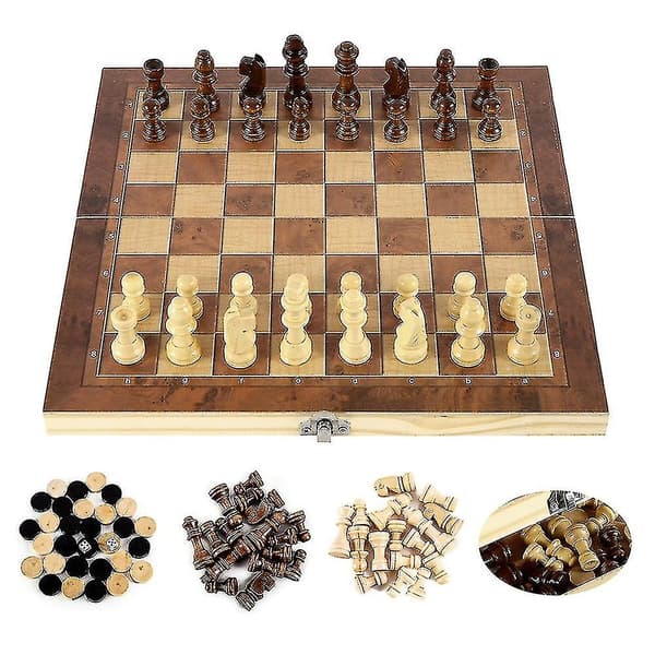 3 i 1 Trä Internationellt Schackset Backgammon Brädspel Damspel Pusselspel Fällbart Schackbräde 39x39cm