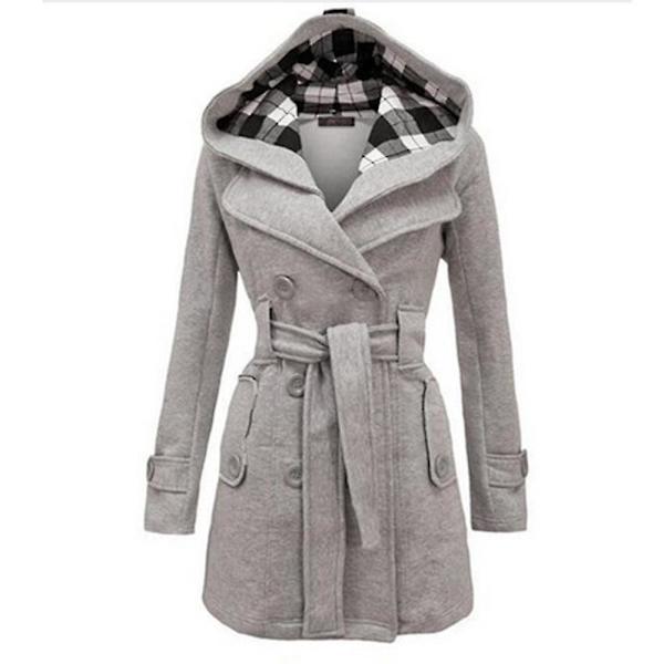 Kvinnors Hoodie Pea Coat Dubbelknäppt Vinter Filt Lång Jacka Med Midjebälte M Red