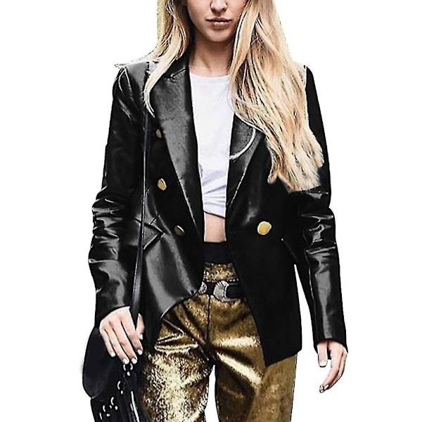 Kvinnor PU Läder Blazer Jackor Långärmad Knapp Dekoration Jackor Ny L B