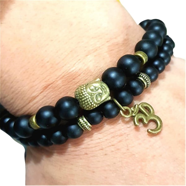 7 Chakra Armband 8mm Svart Frostat Armband 3D Buddhas Head + Energy Stone Färgglad Multi layer Buddha Bracelet