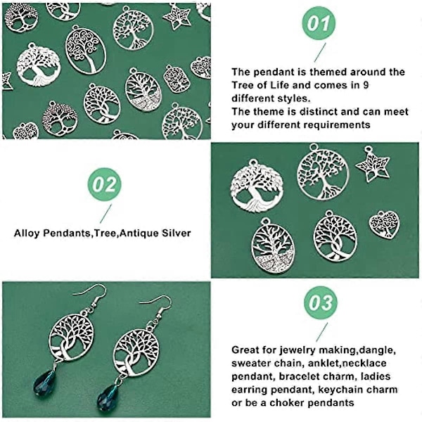 9Styles Livets Træ Charms 54 stk. Plante Charms Tibetansk Legering Charms Vedhæng Lykke Charms Bulk Smykkefremstilling Charms til DIY Halskæde Armbånd Smykker