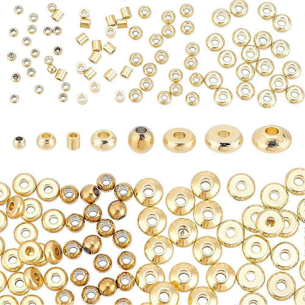 160 stk. Spacerperler i rustfritt stål, sett med 8 stiler, gullbelagte løse perler, skive, rør, rondell, stopperperler, metallglideperler for DIY smykker M