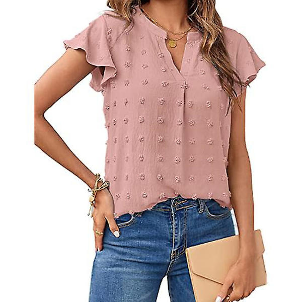 Sommerbluse for kvinner med V-hals, topp med korte volangermer Pink M