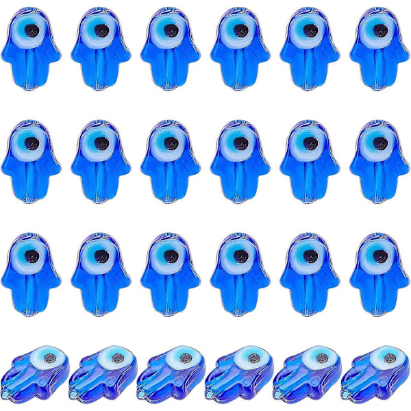 28 st Hamsa Hand-pärlor med onda ögat i glas, handgjorda lampwork för smyckestillverkning, blå