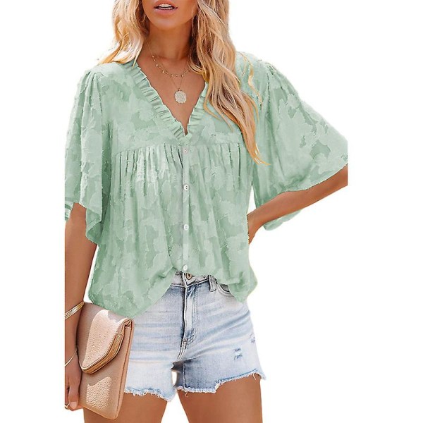 Kvinners V-hals Chiffon Trykte V-hals Avslappede Bluse Skjorte Topper Khaki 3XL