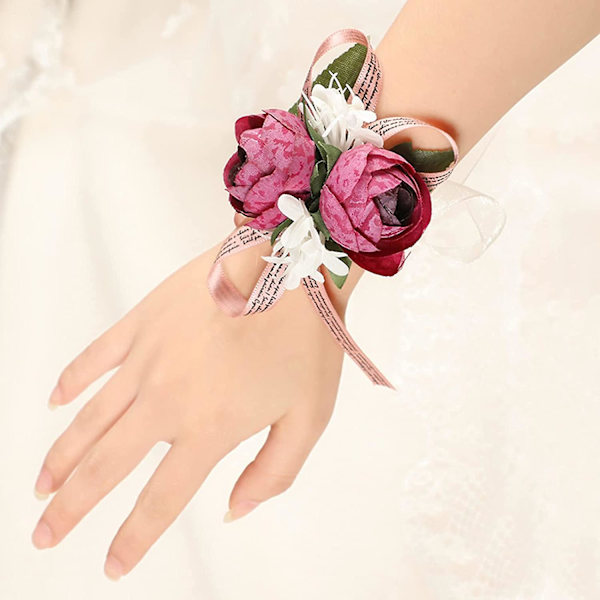 IFENG Sett med 6 Lilla Peon Blomst Bryllup Håndleddskorsasjer Håndlagde Håndleddsblomster Armbånd med Langt Bånd for Brud Brudepike Ballfest Dekor
