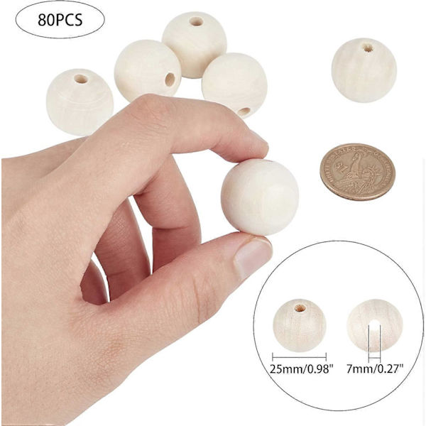 Naturliga Träpärlor 80 st 25mm (1 tum) Runda Oavslutade Träkulor Spacers Lösa Pärlor för Makramé Girlang Lanthus Dekoration Armband Halsband Smycken DIY Hantverk