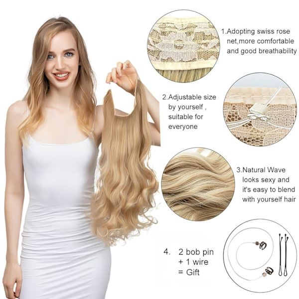 1 stk. Lang Krøllete Bølgete, Hår Parykk Extensions Justerbar Lang Bølgete Hårforlengelse Syntetisk Parykk Oppgradering i Hårdeler Usynlig Tråd Svarte Hår Extensions 1B 18inch