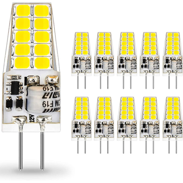 10 stk. G4 LED-pære 12vac/dc, kold hvid 6000k 2w 220lm, belysningspærer svarende til 20w halogen, ikke dæmpbar [energiklasse E]