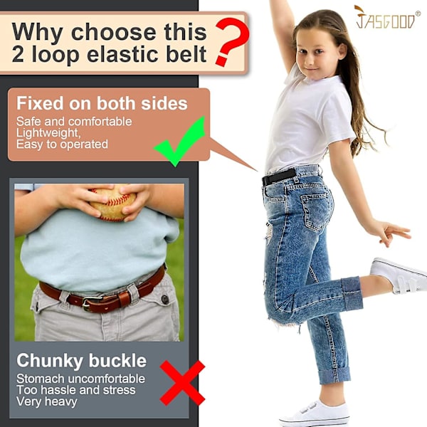 2-pack stretchbälten utan spänne för flickor och pojkar, 2 öglor, elastiska, osynliga, justerbara bälten för jeans, byxor och klänningar