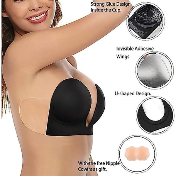 Axelbandslös klibbig push-up bh rygglös självhäftande osynlig Black D