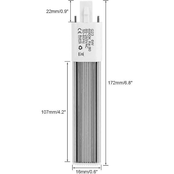 6w 2-stifts kompakt lysrör, horisontell rörbas G23 lysrör, 6000k (vit G23)