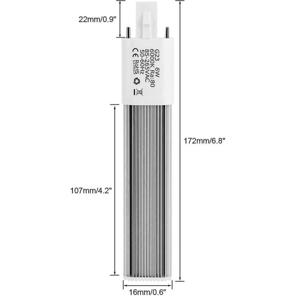 6w 2-stifts kompaktrörslysrör, horisontell rörbas G23 lysrör, 6000k (vit G23)