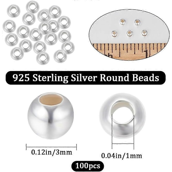 1 Ask 100 st 3mm Distanspärlor Sterling Silver Slät Rund Stort Hål Lösa Kulor Pärlor