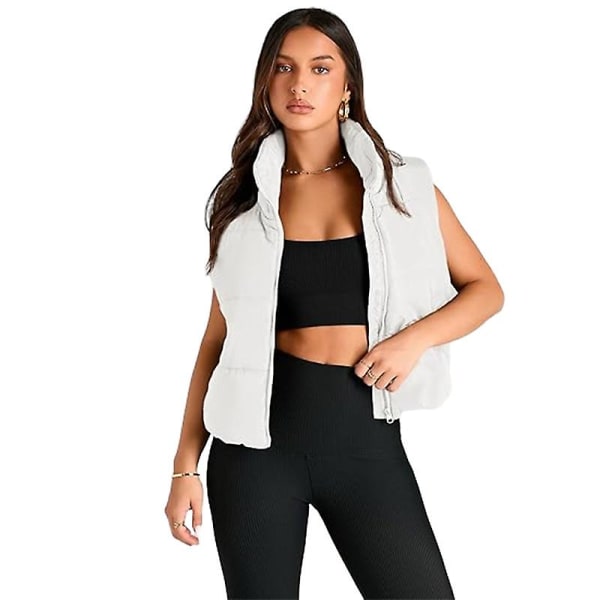 Puffer Vest Dame Ærmeløs Vinter Cropped Stand-up Krave Dunjakke White XL