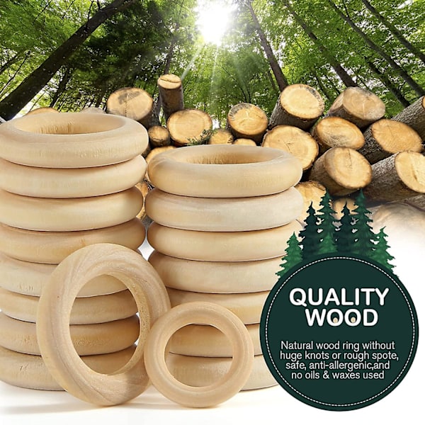 64 stk. Naturtre Ringer i 6 Størrelser, Glatte Ubehandlede Treringer Tresirkler for DIY Håndverk, Ringanheng og Koblinger Smykkelaging