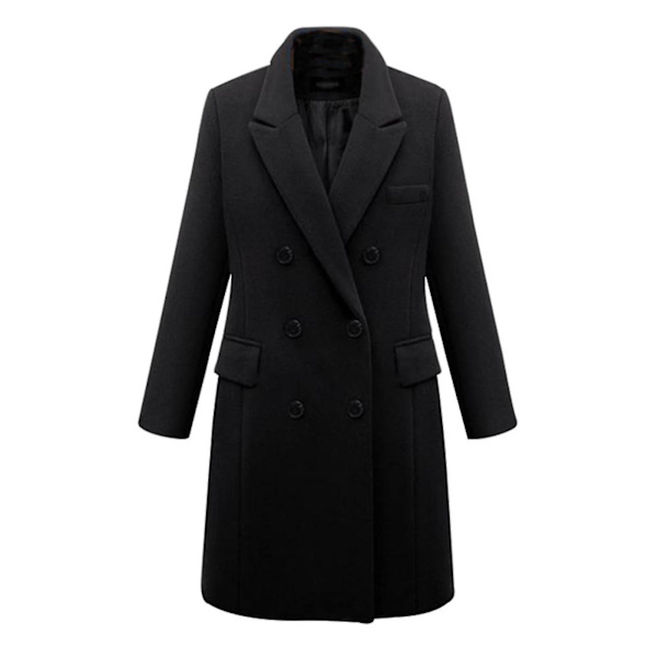 Kvinnors Dubbelknäppta Peacoat Krage Vinter Klassisk Filt Lång Jacka 2XL Black