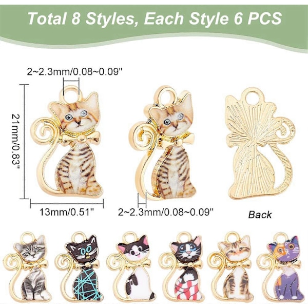 48 st 8 stilar Söta Kattunge Charm Emalj Katt Charm Ljusguldfärgad Katt Charm Katt med Rosett