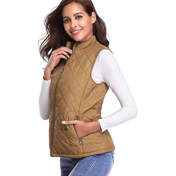 Vattert Vest med Glidelås for Kvinner, Ermeløs Jakkevest Khaki XL