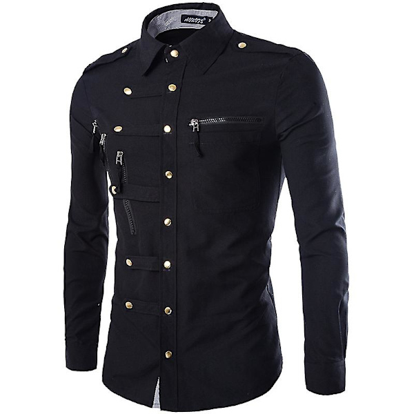 Herr Slim-fit långärmad, Fashion Casual långärmad skjorta Black M