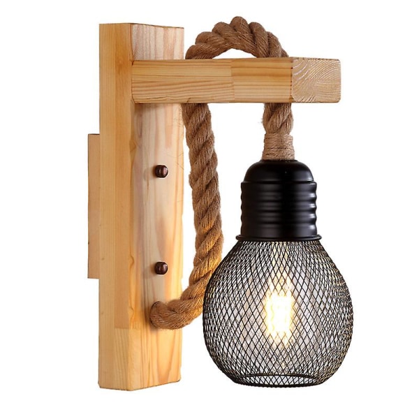 Industriell vägglampa i hamparep med LED/trälampa, E27-sockel, svart