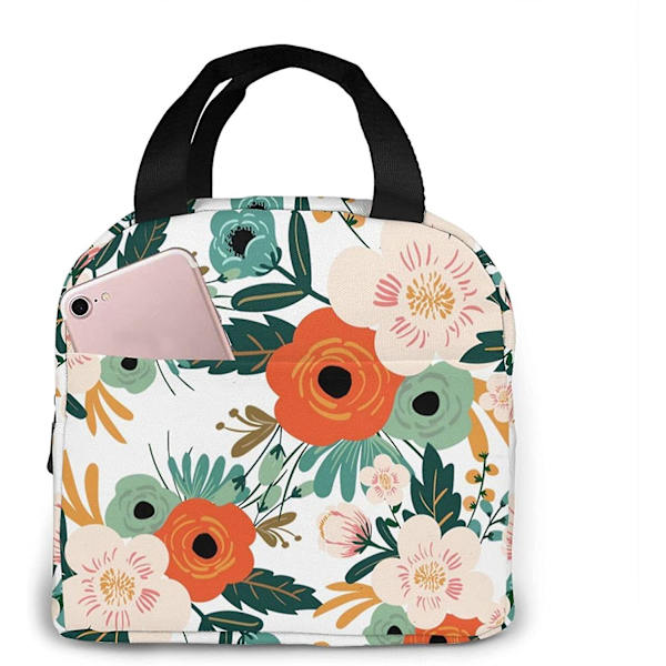 Lunsjveske med oransje blomstermønster for kvinner og jenter, isolert lunsjboks, bærbar lunsj