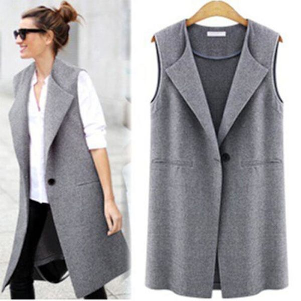 Dame Ærmeløs Vest Casual Cardigan Toppe Lang Ensfarvet Frakke 4XL A