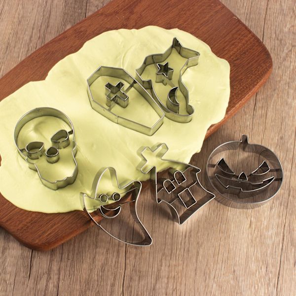 6 st/set Halloween kakform i rostfritt stål, enkel att lossa, tryck på DIY pumpa spöke skalle kexform, bakformssats, köksbakningsverktyg, mycket bra Silver