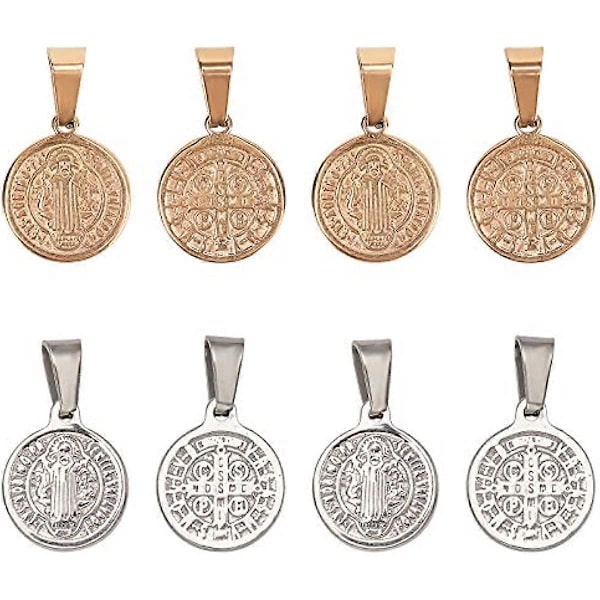 8 stk. 2 Farver Flad Rund med Sankt Benedikt Medalje Charms 304 Rustfrit Stål Vedhæng 4x6mm Stort Hul Charms Metal Flad Rundt Vedhæng til DIY Halskæde