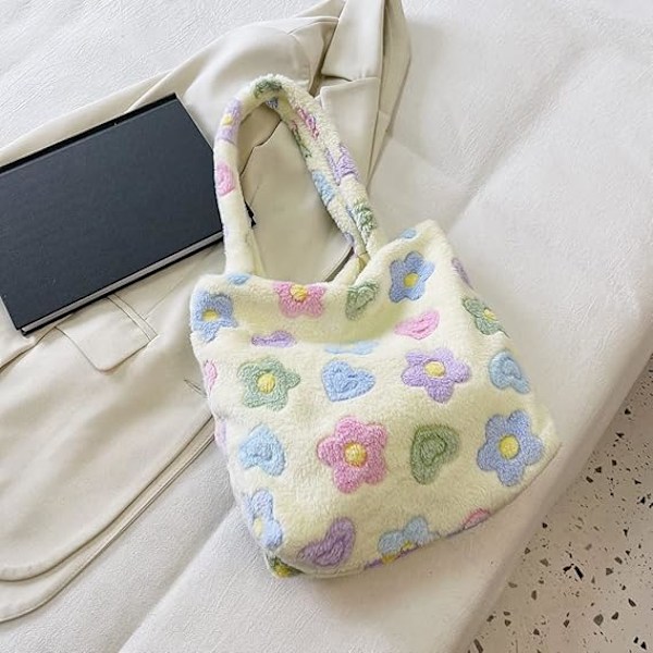 plysch fluffig tygväska stor kapacitet plysch underarmsväska handväska fluffig axelväska blomma fluffiga väskor blå