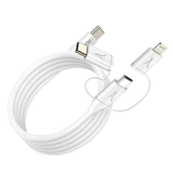 Økologisk 3-i-1 USB-C til USB-C Micro-USB Lightning-kabel 1m, Hvit